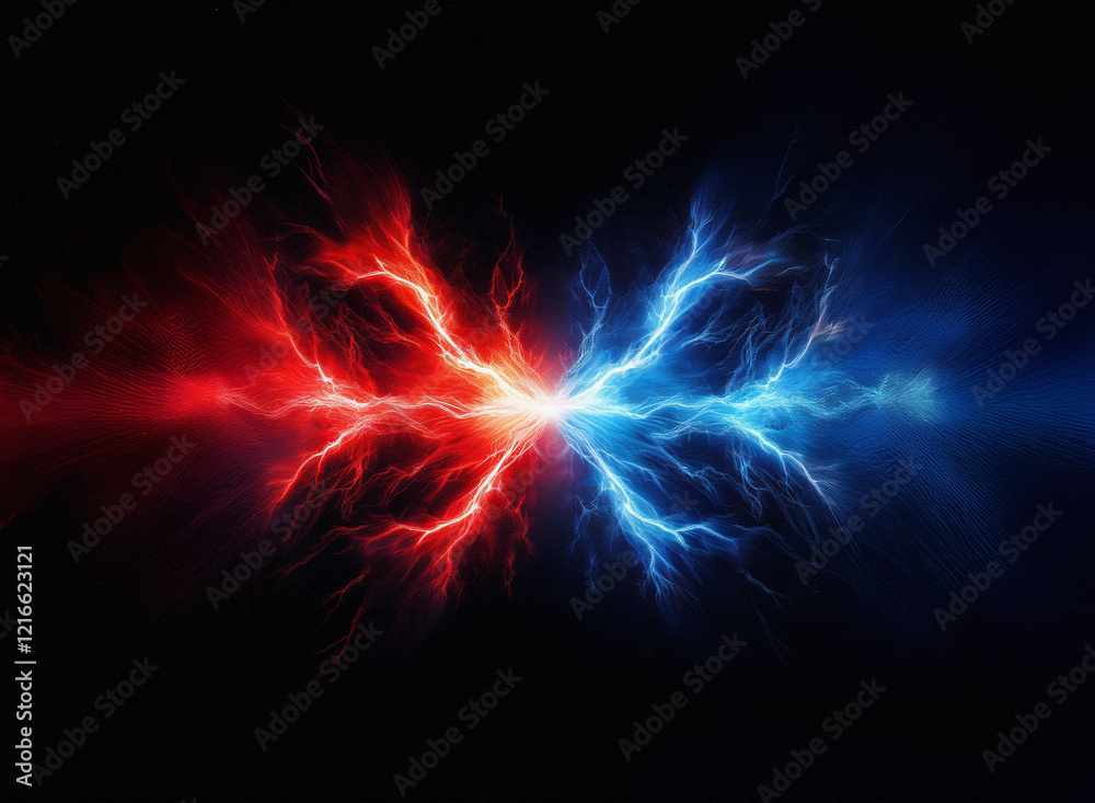 Poster fiery red and icy blue lightning clash in a dynamic, grainy paper texture, creating a visually strik