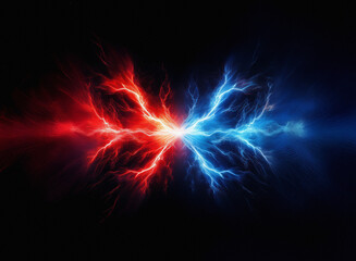 Fiery red and icy blue lightning clash in a dynamic, grainy paper texture, creating a visually striking contrast against a dark background.
