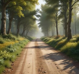 Fototapeta premium An unpaved dirt road running through a lush green forest during autumn season, leaf-covered path, wooded terrain