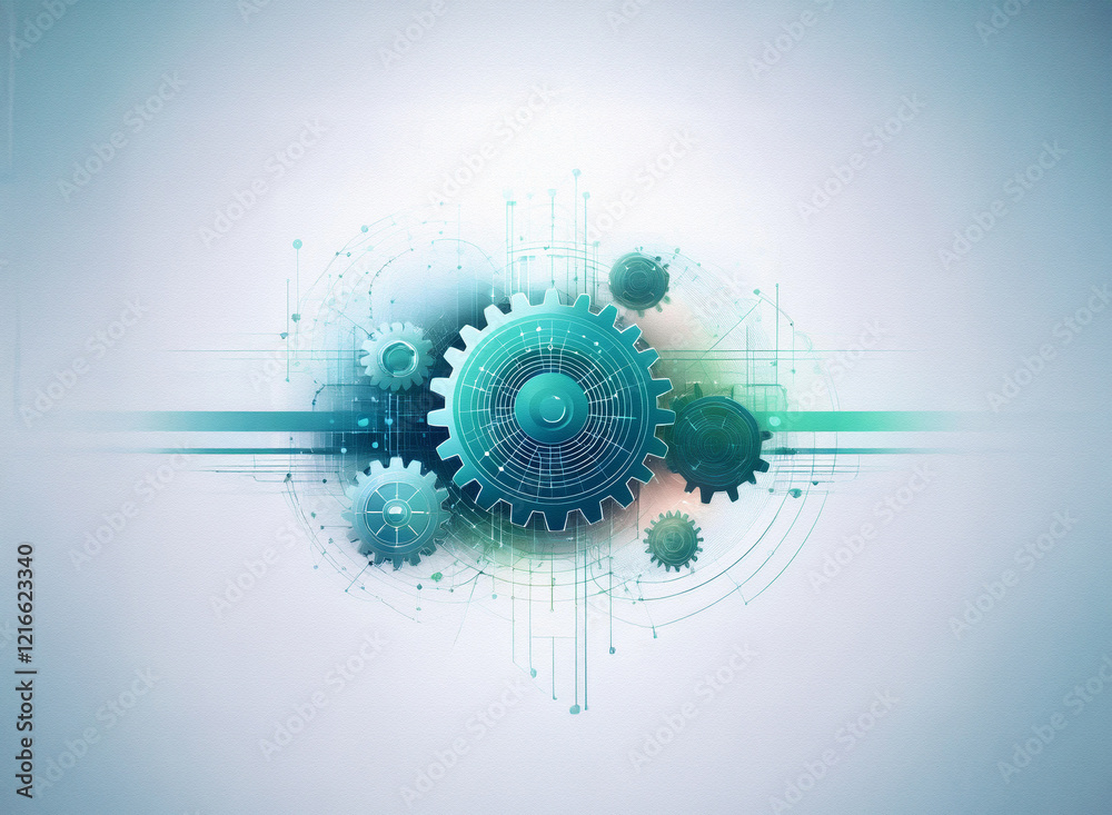 Poster Abstract digital art featuring interconnected gears on a grainy paper texture background.  The teal gears suggest technological advancement and precision.