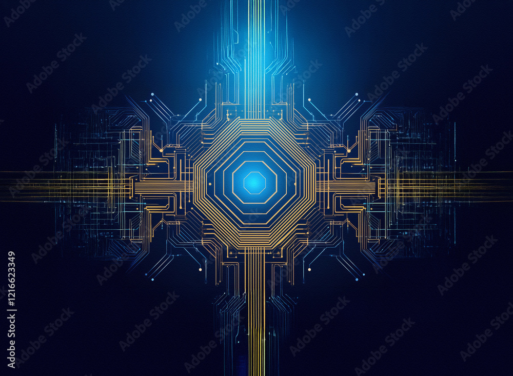 Aufkleber abstract digital artwork. a griany, paper-textured central octagon glows, connected by intricate cir