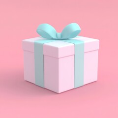 Fototapeta premium Pink background, white gift box, light blue ribbon. Holiday celebration, festive