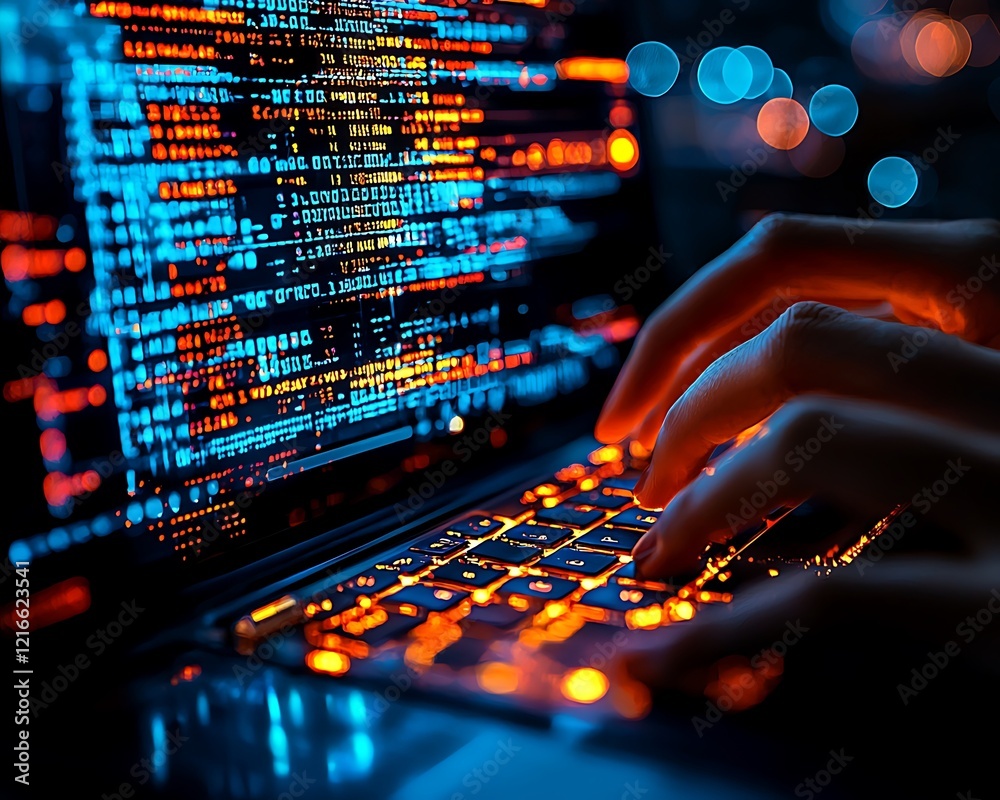 Poster celebration of science and technology day, double exposure image of programmers' hands typing on a k