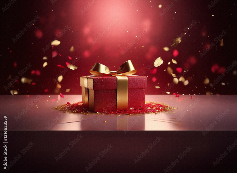 Poster a red gift box with a gold ribbon sits on a glossy surface, surrounded by falling gold and red confe