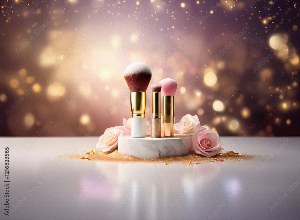 Poster three makeup brushes with pink bristles stand on a marble base, surrounded by roses and grainy golde