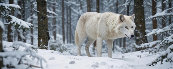 Obraz premium Arctic wolf stalking its prey through the snow-covered forest, hunting, snowy landscape, arctic wolf