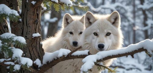 Obraz premium Arctic wolf cub peeking from behind a snow-covered tree branch, cold weather, arctic wolf cub