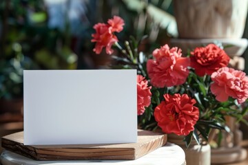 Obraz premium Blank Card on Wooden Stand Surrounded by Bright Red Carnations
