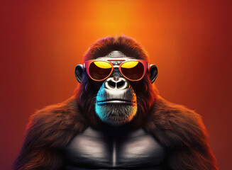 A cool gorilla, rendered with a grainy paper texture, sports vibrant sunglasses against a warm, orange backdrop.  The image has a bold, stylized aesthetic.