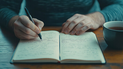 A detailed close-up of a person journaling in the morning with a cup of tea beside them, showcasing a reflective and organized daily routine,