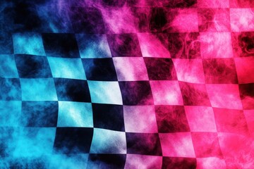 Checkered Flag in Pink and Blue Smoke, Racing Finish Background