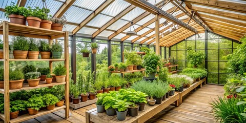 Aromatic herb garden in a modern greenhouse with various scented plants and a wooden trellis, leafy greens, botanical