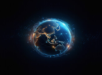 A digital rendering of Earth, glowing with connection lines.  The grainy paper texture is subtly implied in the image's digital aesthetic.
