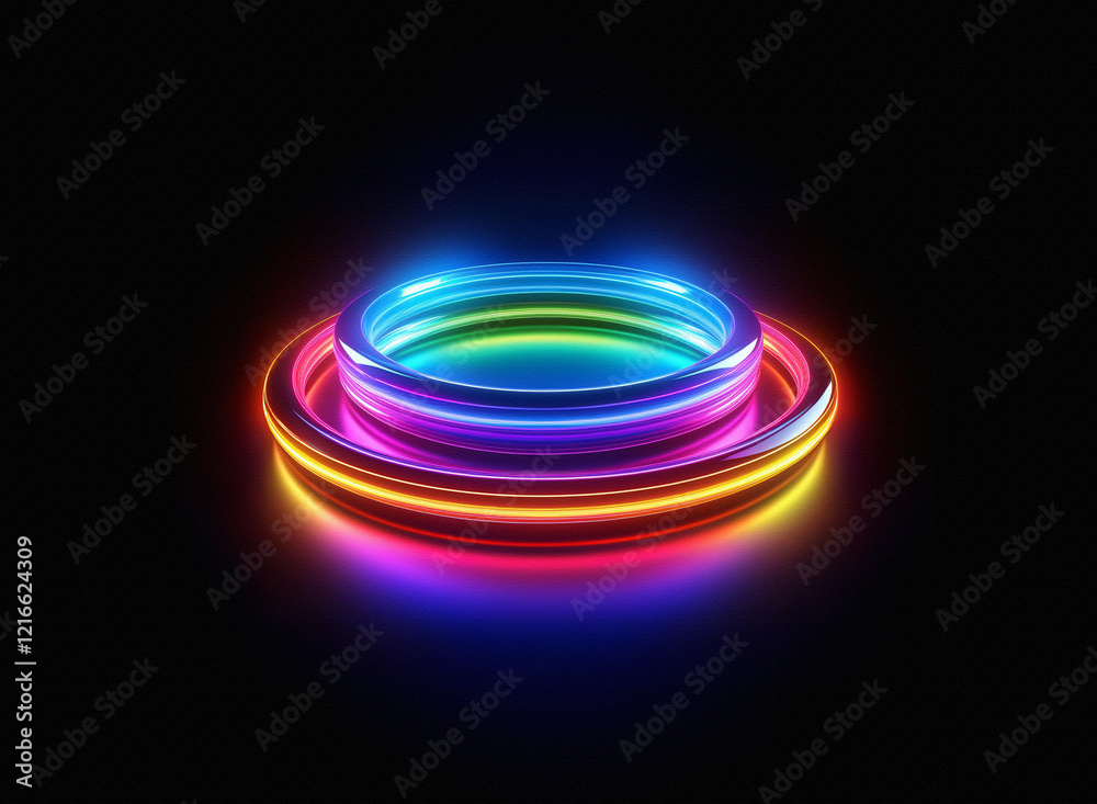 Aufkleber vibrant, multicolored neon rings glow on a grainy paper texture, creating a futuristic, circular pla