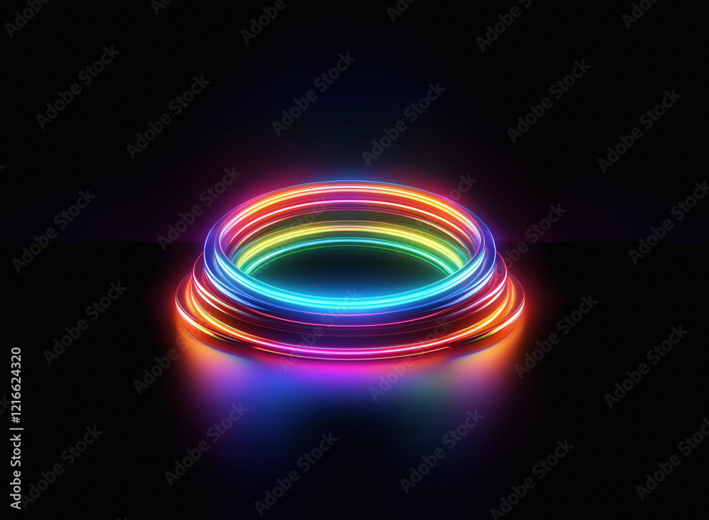 Aufkleber vibrant, rainbow-hued neon rings stacked on a dark, reflective surface. the griany paper texture is 