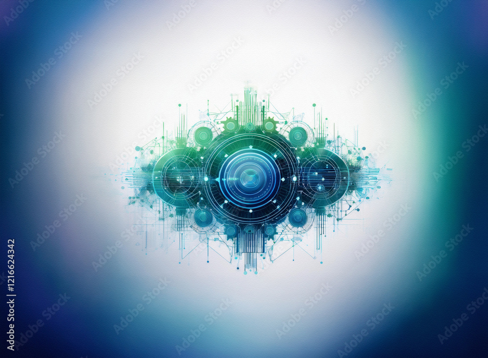 Aufkleber abstract digital artwork featuring a grainy paper texture, teal and blue concentric circles, and cit