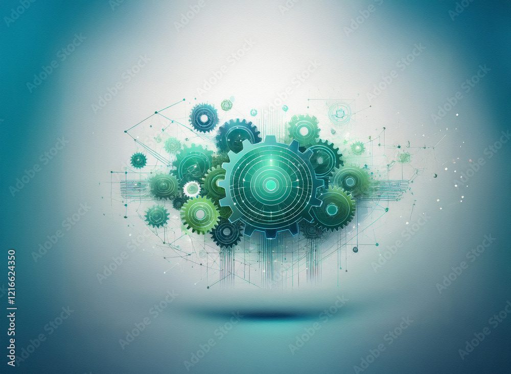Poster Abstract graphic design featuring a cluster of interconnected gears on a grainy paper texture background.  The teal and green color scheme evokes a sense of technology and precision.