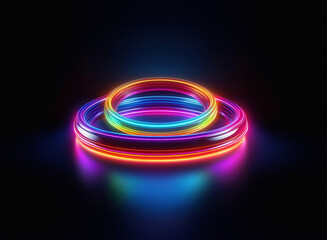 Two vibrant, glowing neon rings intersect, creating a colorful, griany paper texture effect on a dark background.  The rings reflect onto the surface below.