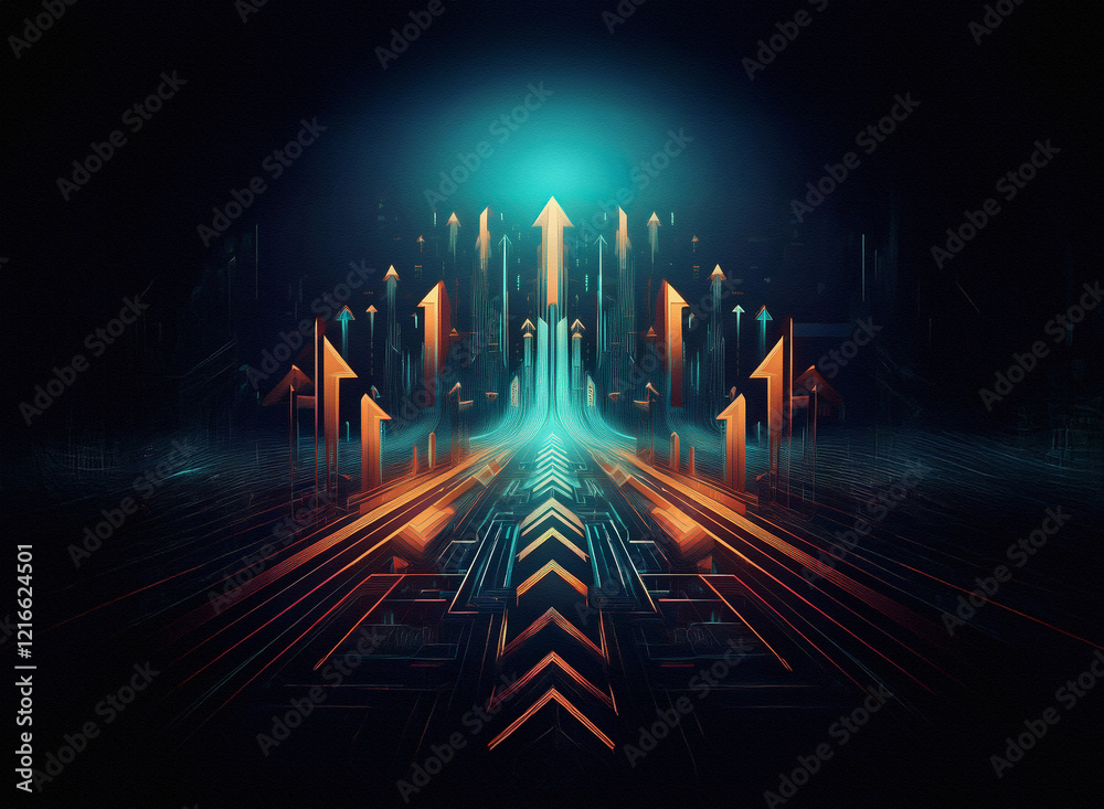 Poster Glowing arrows converge on a bright center, creating a path of light on a grainy paper texture.  The dark background enhances the vibrant energy.