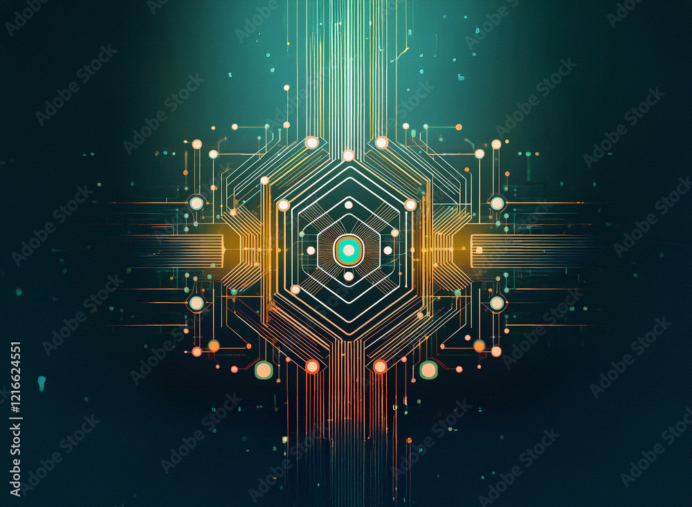 Poster Abstract digital artwork featuring a grainy, paper-textured hexagonal circuit design.  Warm and cool tones illuminate the intricate lines and nodes.