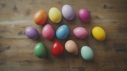 Naklejka premium A Collection of Colorful Easter Eggs Arranged Neatly on a Wooden Table