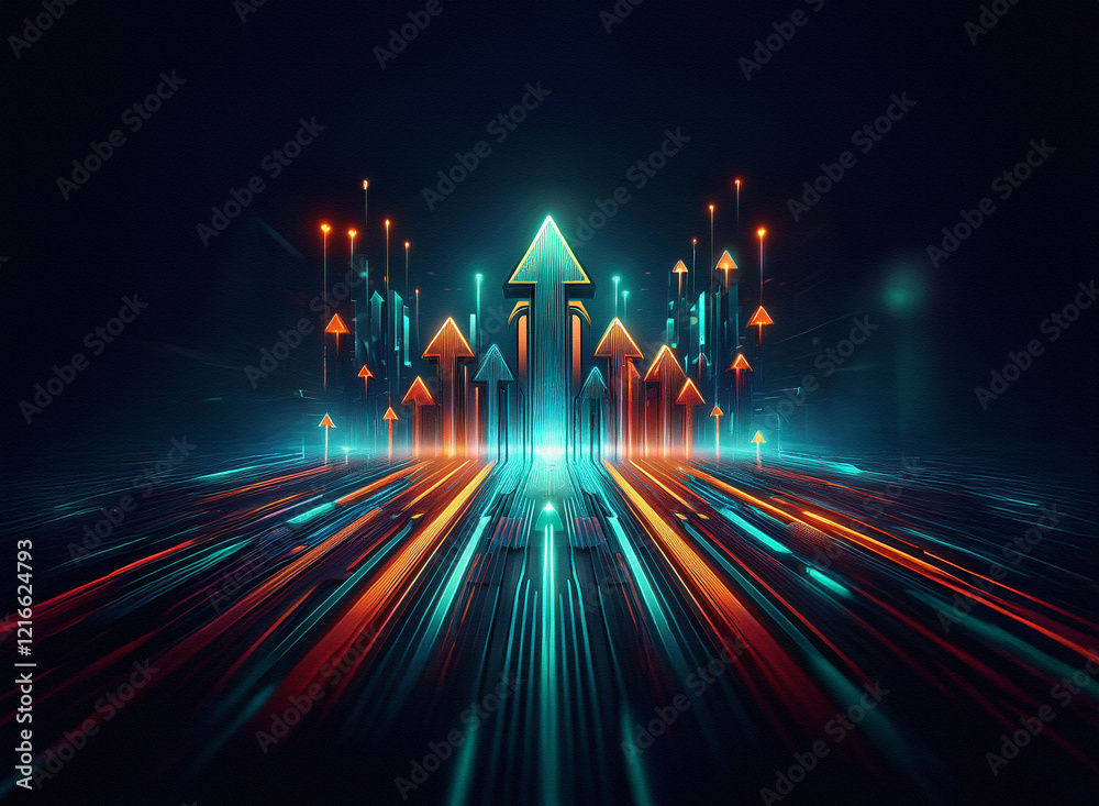 Poster glowing arrows ascend on a grainy paper texture, symbolizing growth and progress in a digital landsc