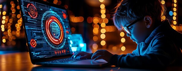 celebration of science and technology day, Silhouette of Child Engaged in Coding Activity on Laptop in Stylish Environment with Creative Background Lights