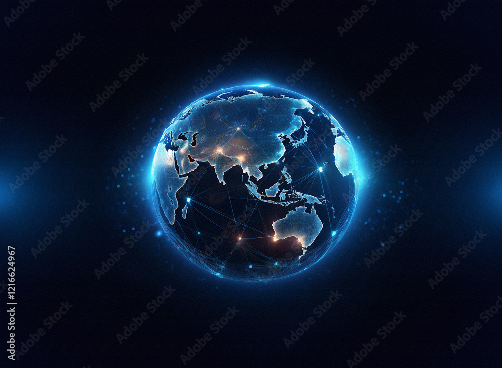 Poster A grainy paper texture effect depicts a glowing, interconnected global network.  The continents are subtly visible within the luminous web of connections.