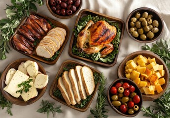 A Beautifully Arranged Feast with Roast Chicken, Sliced Meats, Cheese, Fresh Olives, and Seasonal Fruits on an Elegant Table Setting