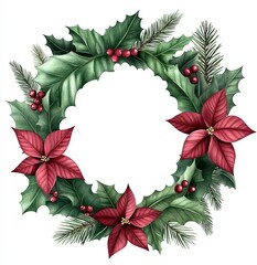 Fototapeta premium Christmas wreath with red poinsettias and evergreen leaves for festive decoration
