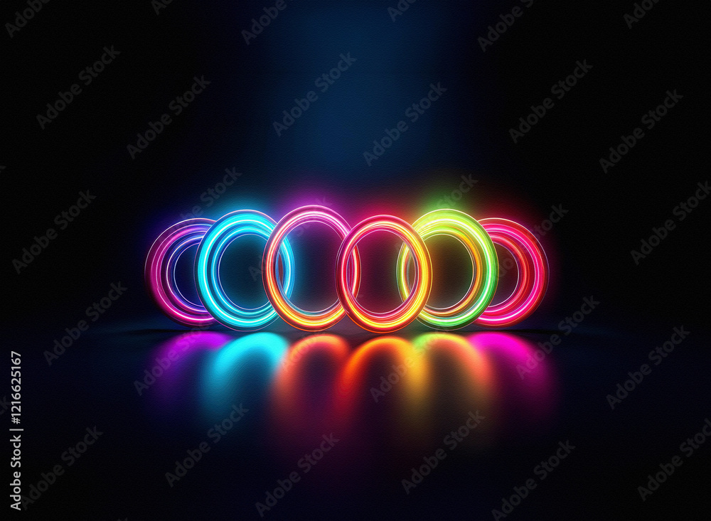Poster vibrant neon rings glow on a dark, reflective surface. the grainy paper texture is subtly implied in
