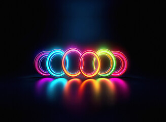 Vibrant neon rings glow on a dark, reflective surface.  The grainy paper texture is subtly implied in the image's rendering.