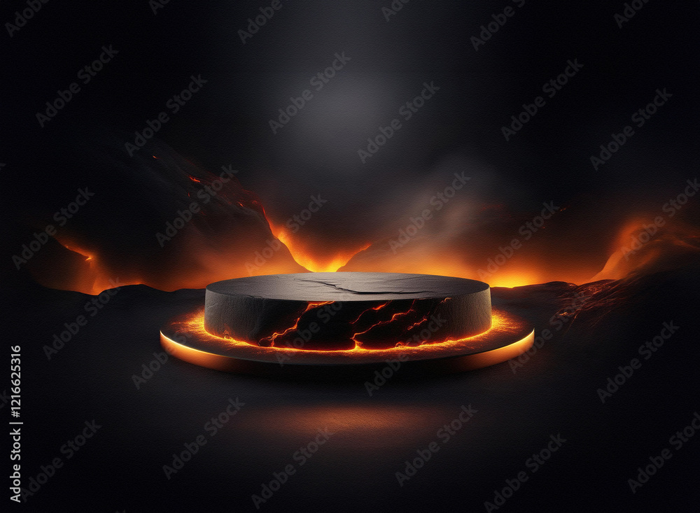Poster a dark, grainy paper textured cylindrical platform glows with inner fire, set against a backdrop of 