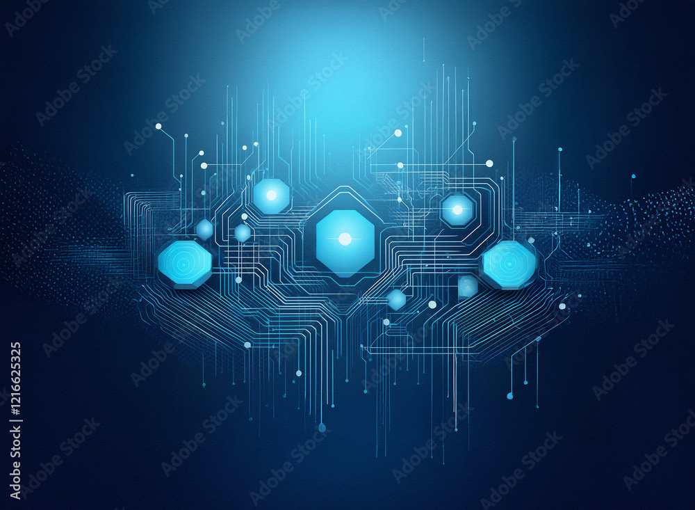 Leinwandbilder Abstract digital artwork.  Granular paper texture, glowing blue hexagons connected by circuitry, creating a futuristic, technological design.  Dark blue background.