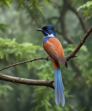 Asian Paradise Flycatcher perched on a thin branch with a blurred forest background, bird on branch, parid