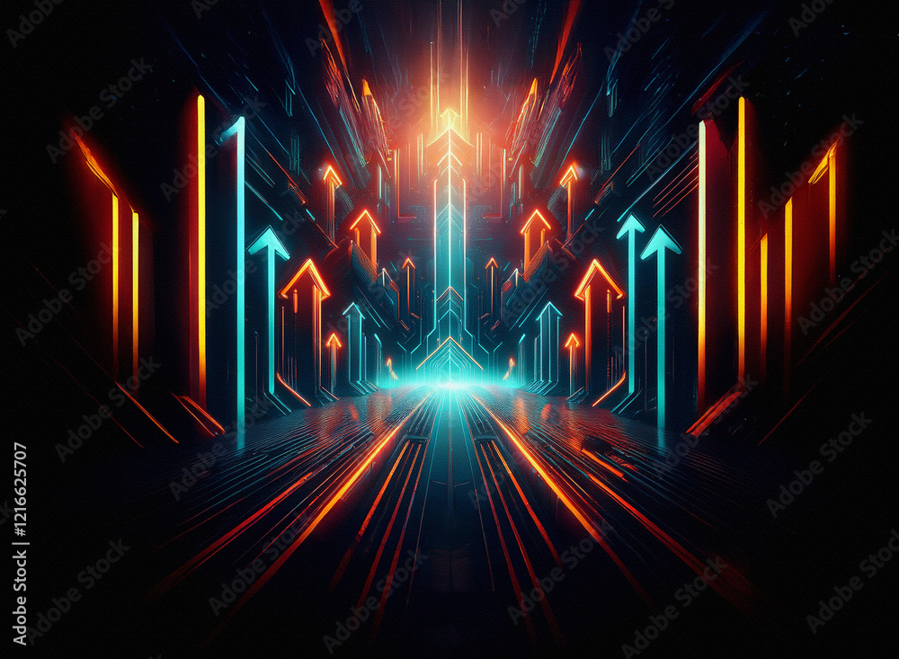 Poster a gritty, textured paper-like effect enhances this digital image of a glowing, neon-lit corridor of 