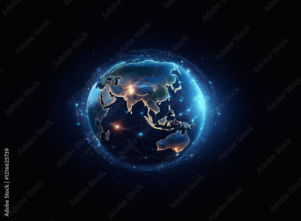 Poster a grainy, textured paper-like globe, illuminated with glowing blue lines representing connections ac
