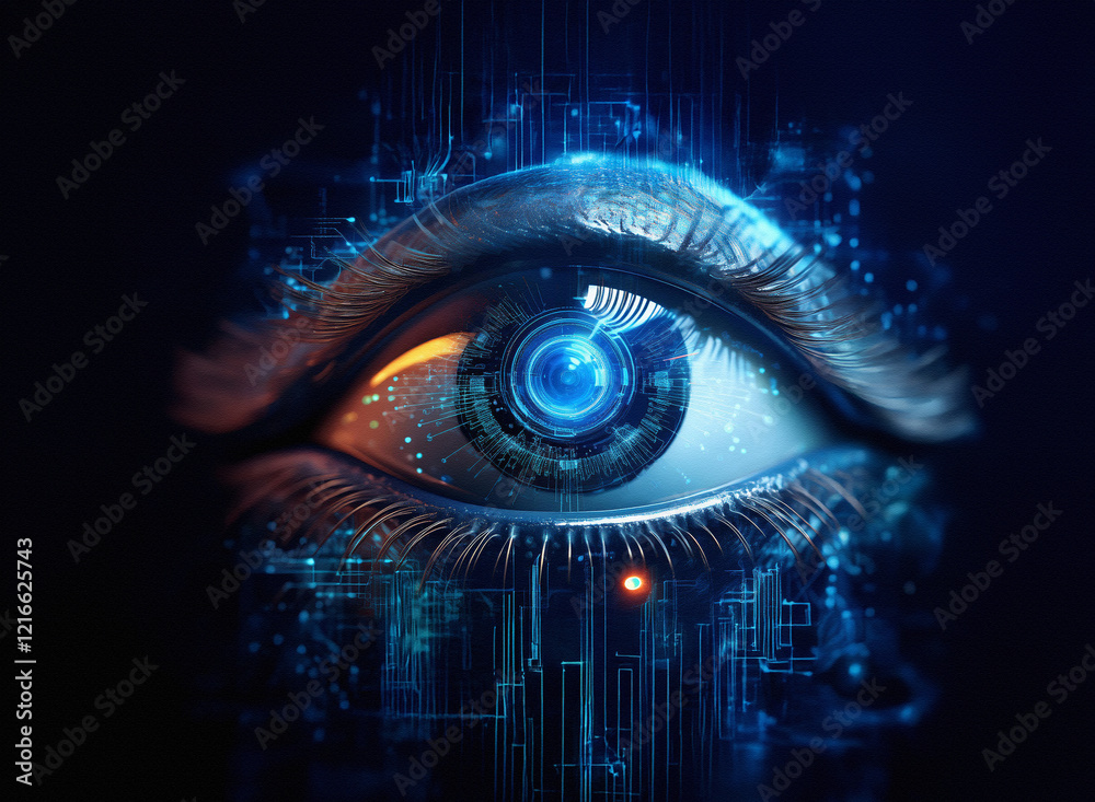 Aufkleber a digital eye, rendered with a grainy paper texture, glows with vibrant blue and orange hues. intric