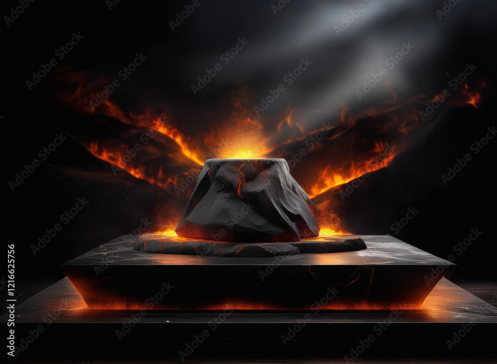 Poster a gritty, dark image features a rough, paper-textured stone on a dark platform, enveloped by fiery, 