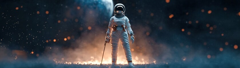Fototapeta premium A female astronaut in a sleek space suit stands poised in front of a vibrant, glowing Earth. Stars twinkle in a vast cosmic background, creating an empowering atmosphere