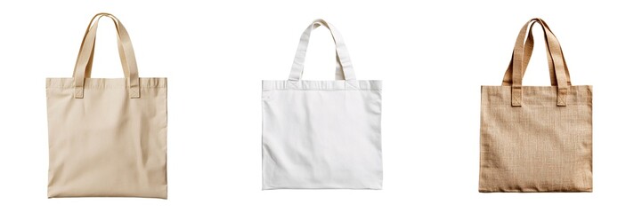 Reusable Items isolated collection. Three stylish tote bags in neutral colors: beige, white, and patterned brown, showcasing versatility for shopping or casual outings.