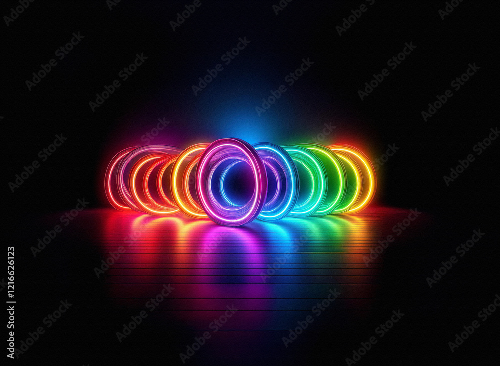 Aufkleber vibrant rainbow neon rings glow on a dark, reflective surface. the grainy paper-like texture is subt