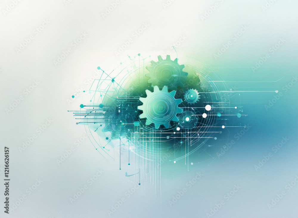 Poster Abstract artwork depicting interconnected gears within a grainy, paper-textured sphere, suggesting technological processes and networks.  A soft, teal and green color palette creates a calming yet com