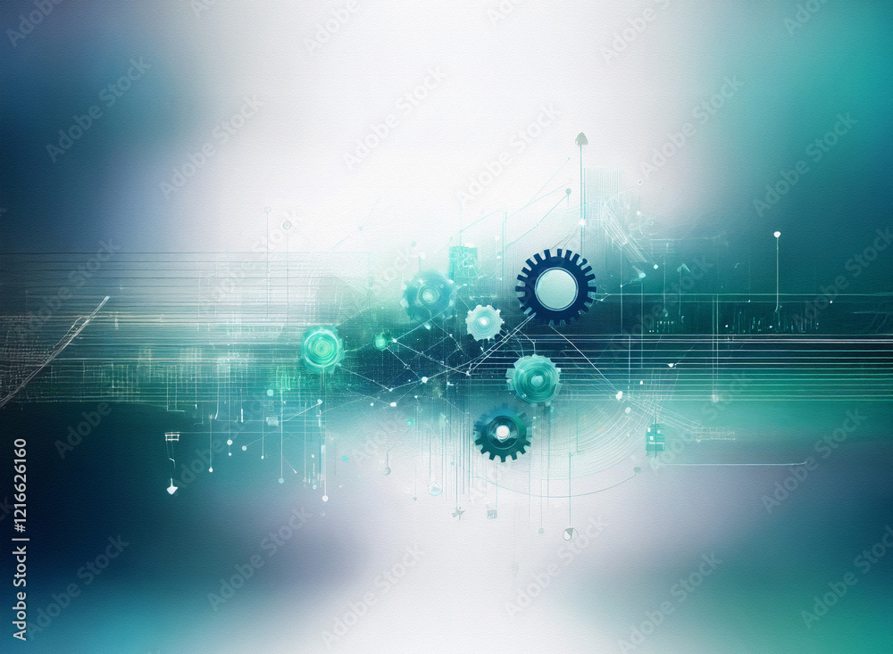 Poster Abstract image depicting a network of interconnected gears on a grainy paper texture background.  The design evokes themes of technology, mechanics, and connectivity.  The color palette is cool-toned,