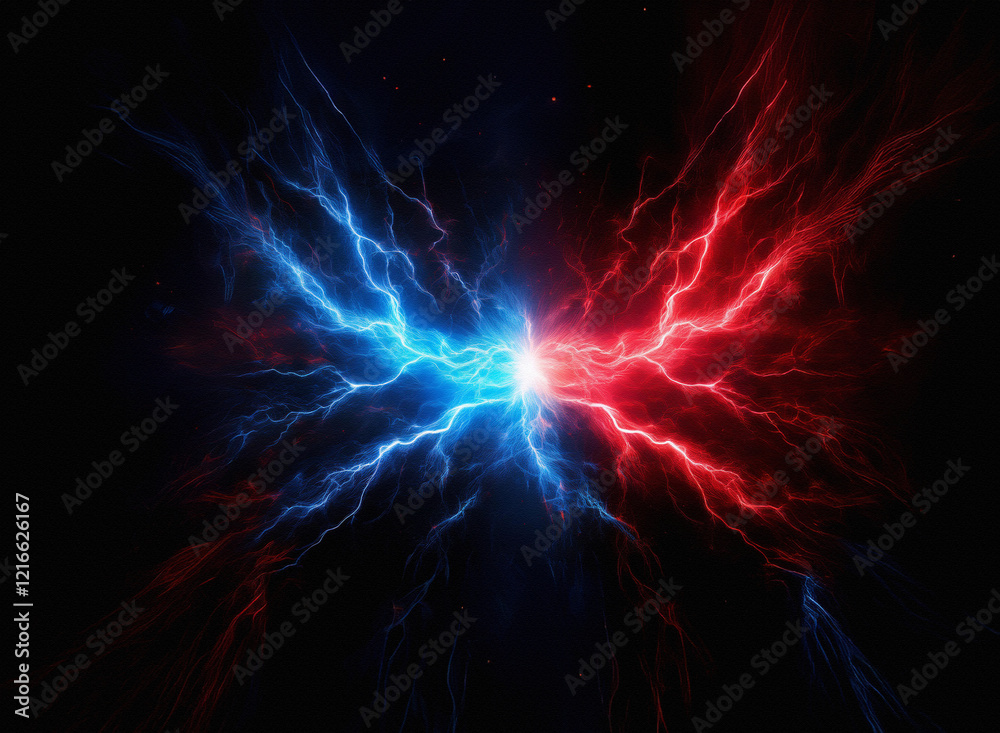 Poster a gritty, textured paper-like image depicts clashing blue and red energy, resembling a fiery, electr