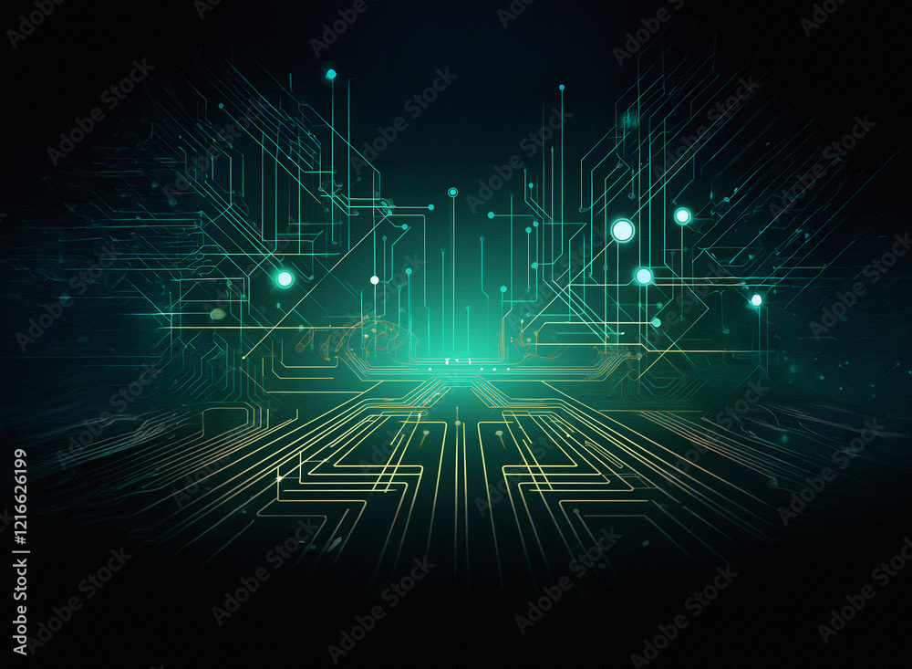 Aufkleber abstract digital circuitry, glowing teal and gold lines on a grainy paper texture background. a pers
