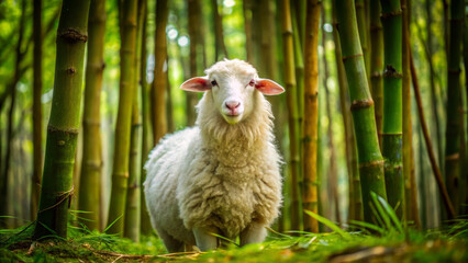 Naklejka premium Fluffy sheep in serene bamboo forest, showcasing rural tranquility