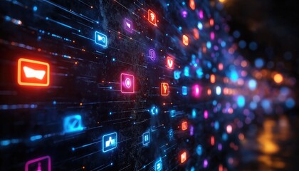 Obraz premium Digital Interface Glowing Data Stream with Network Icons, Dark Background