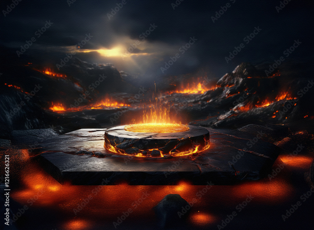 Aufkleber A fiery, volcanic landscape with a circular stone platform at its center.  The platform has a grainy paper texture and glows with inner light.  Surrounding it is molten lava, creating a dramatic scene