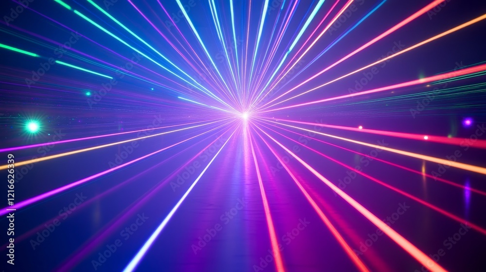 Poster vibrant colorful laser lights in motion flowing in a dynamic pattern, abstract streaming light effec